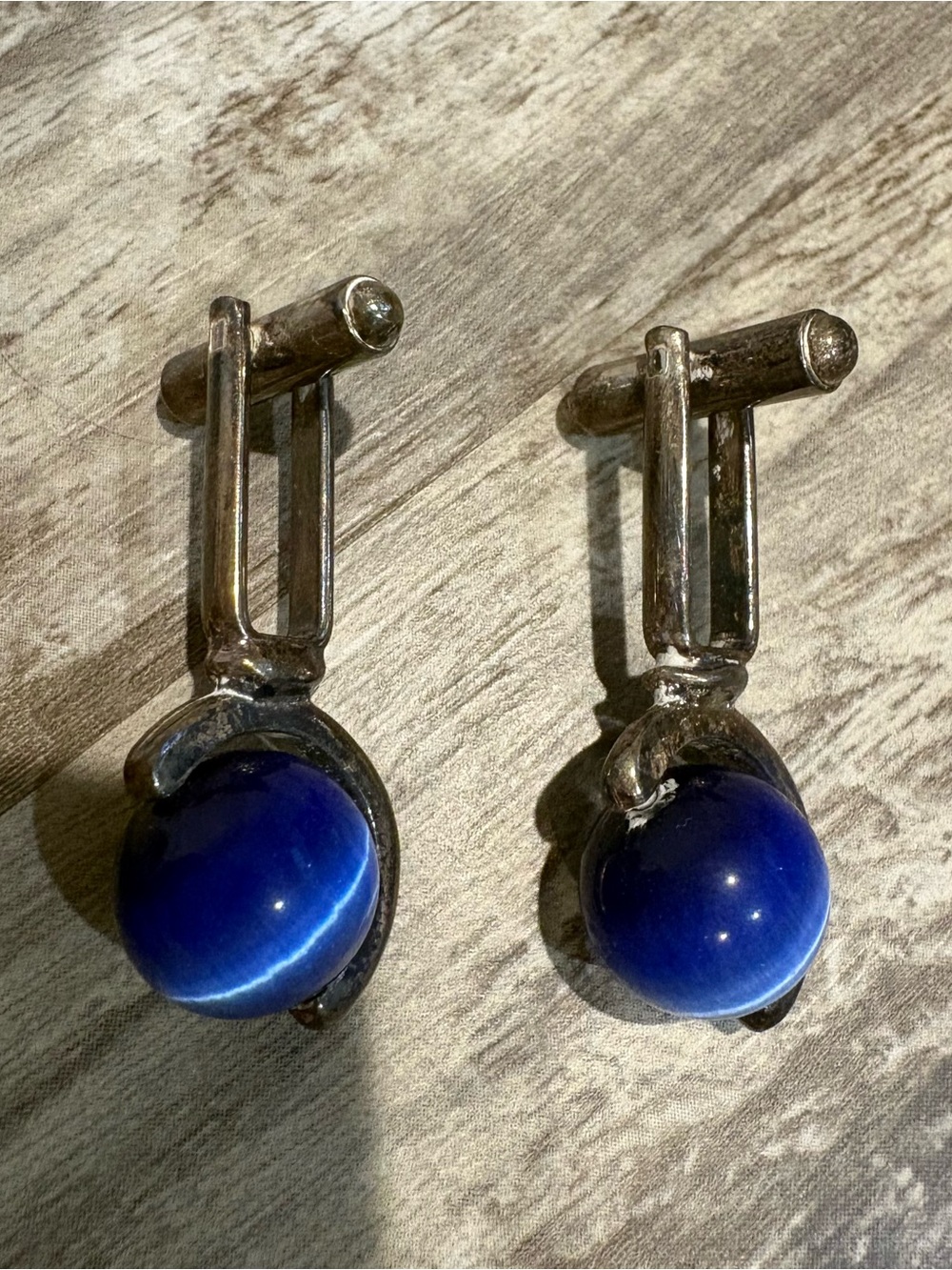 Men's Deep Blue Sphere Cuff Links - Silver Tone